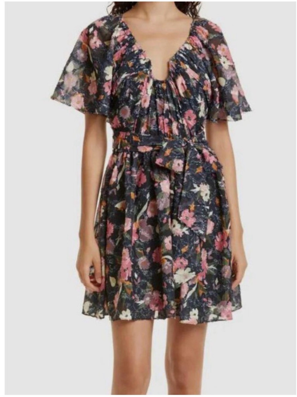 Tanya Taylor Navy Floral Ruffle V-Neck Mini Dress